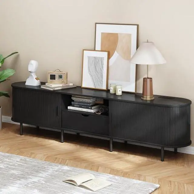 Alt view image 7 of 7 - ONBRILL 86.6" TV Stand with Power Outlet for TVs up to 90", Entertainment Center with Storage and Drawer, TV Console with Adjustable Shelves and Sliding Door, TV Stand for Living Room, Bedroom, Black
