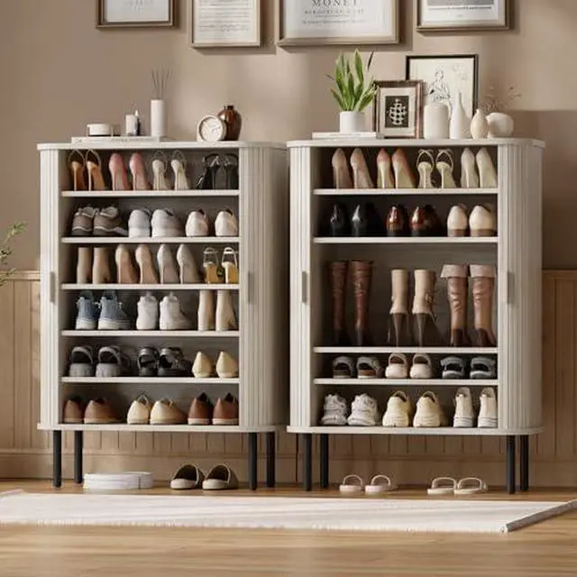 Alt view image 6 of 7 - ONBRILL 6-Tier Shoe Cabinet with Sliding Door, Wooden Shoe Storage Cabinet with Adjustable Shelves, Mid-Century Modern Freestanding Shoe Storage Organizer for Entryway, Living Room, Hallway