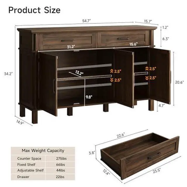Alt view image 2 of 6 - ONBRILL 55 Inch Buffet Cabinet with Storage, Farmhouse Sideboard Buffet w/2 Drawers and 3 Doors, Wood Coffee Bar Cabinet with Adjustable Shelves, Sideboard Storage for Kitchen, Living Room, Walnut