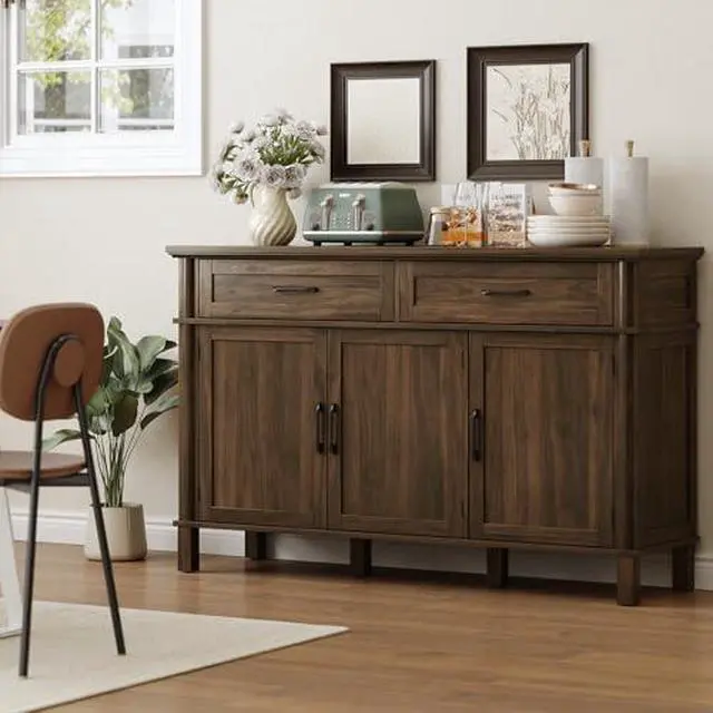 Alt view image 3 of 6 - ONBRILL 55 Inch Buffet Cabinet with Storage, Farmhouse Sideboard Buffet w/2 Drawers and 3 Doors, Wood Coffee Bar Cabinet with Adjustable Shelves, Sideboard Storage for Kitchen, Living Room, Walnut