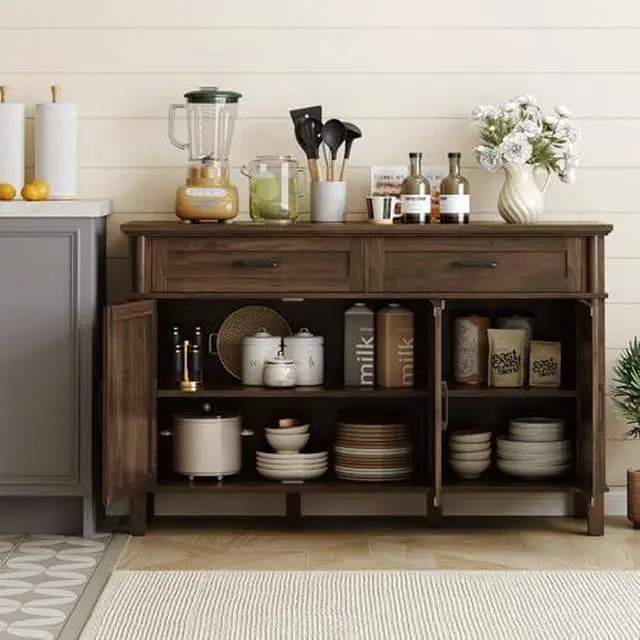 Alt view image 4 of 6 - ONBRILL 55 Inch Buffet Cabinet with Storage, Farmhouse Sideboard Buffet w/2 Drawers and 3 Doors, Wood Coffee Bar Cabinet with Adjustable Shelves, Sideboard Storage for Kitchen, Living Room, Walnut