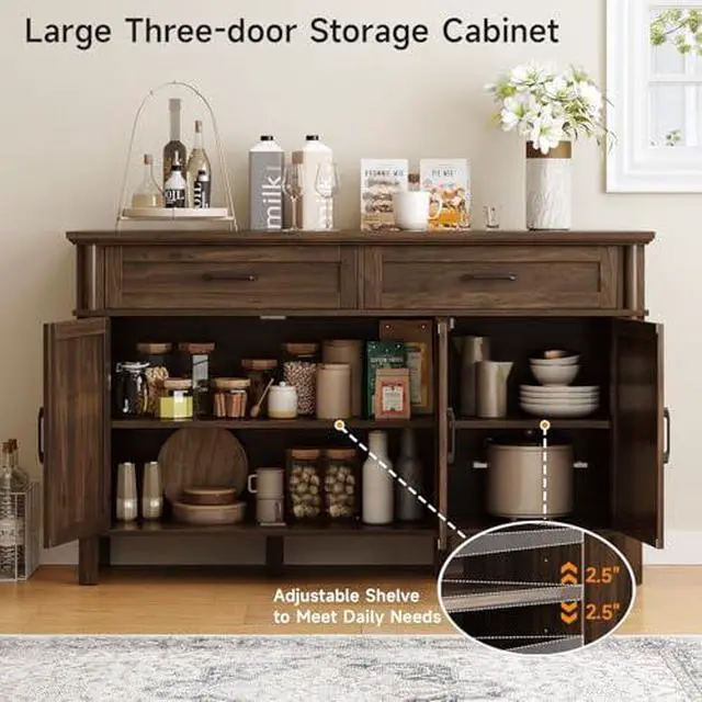 Alt view image 5 of 6 - ONBRILL 55 Inch Buffet Cabinet with Storage, Farmhouse Sideboard Buffet w/2 Drawers and 3 Doors, Wood Coffee Bar Cabinet with Adjustable Shelves, Sideboard Storage for Kitchen, Living Room, Walnut