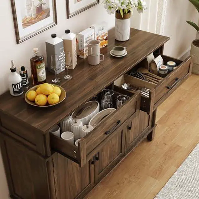 Alt view image 6 of 6 - ONBRILL 55 Inch Buffet Cabinet with Storage, Farmhouse Sideboard Buffet w/2 Drawers and 3 Doors, Wood Coffee Bar Cabinet with Adjustable Shelves, Sideboard Storage for Kitchen, Living Room, Walnut