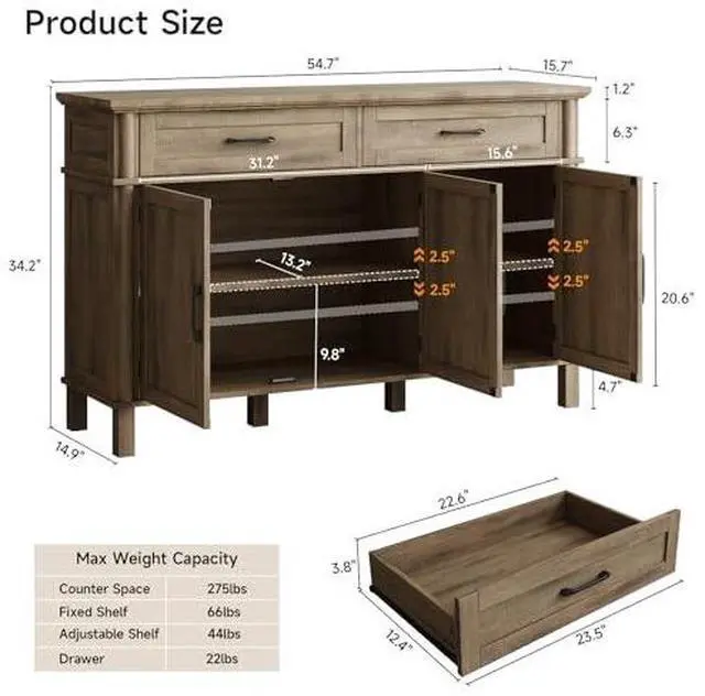 Alt view image 2 of 6 - ONBRILL 55 Inch Buffet Cabinet with Storage, Farmhouse Sideboard Buffet w/2 Drawers and 3 Doors, Coffee Bar Cabinet with Adjustable Shelves, Sideboard Storage for Kitchen, Living Room, Washed Grey