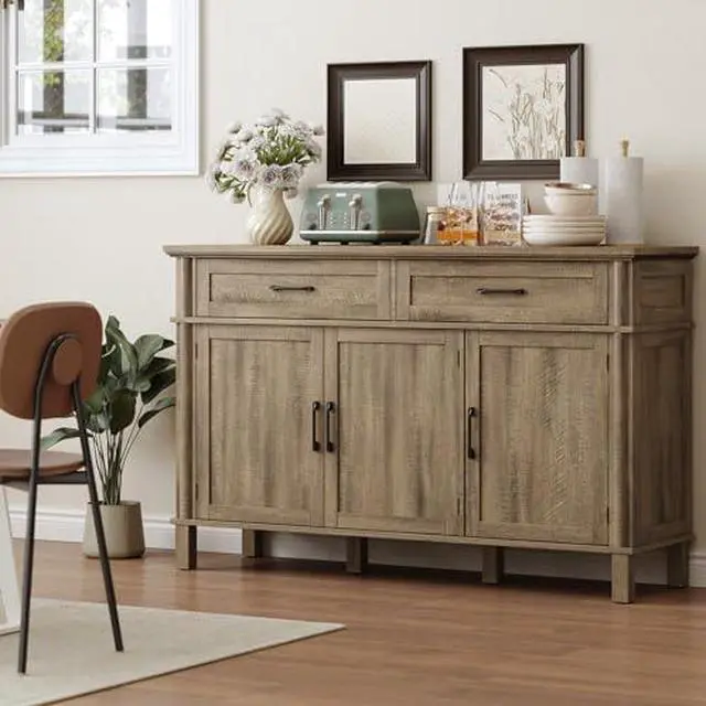 Alt view image 3 of 6 - ONBRILL 55 Inch Buffet Cabinet with Storage, Farmhouse Sideboard Buffet w/2 Drawers and 3 Doors, Coffee Bar Cabinet with Adjustable Shelves, Sideboard Storage for Kitchen, Living Room, Washed Grey