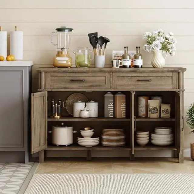Alt view image 4 of 6 - ONBRILL 55 Inch Buffet Cabinet with Storage, Farmhouse Sideboard Buffet w/2 Drawers and 3 Doors, Coffee Bar Cabinet with Adjustable Shelves, Sideboard Storage for Kitchen, Living Room, Washed Grey