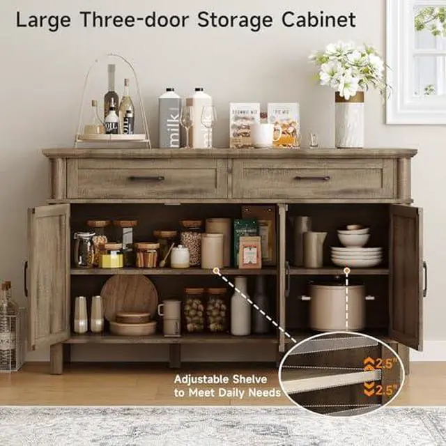 Alt view image 5 of 6 - ONBRILL 55 Inch Buffet Cabinet with Storage, Farmhouse Sideboard Buffet w/2 Drawers and 3 Doors, Coffee Bar Cabinet with Adjustable Shelves, Sideboard Storage for Kitchen, Living Room, Washed Grey