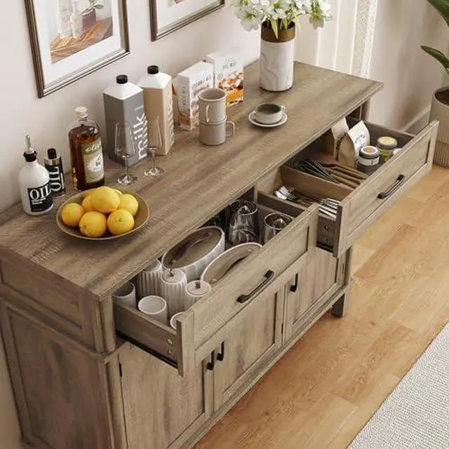 Alt view image 6 of 6 - ONBRILL 55 Inch Buffet Cabinet with Storage, Farmhouse Sideboard Buffet w/2 Drawers and 3 Doors, Coffee Bar Cabinet with Adjustable Shelves, Sideboard Storage for Kitchen, Living Room, Washed Grey