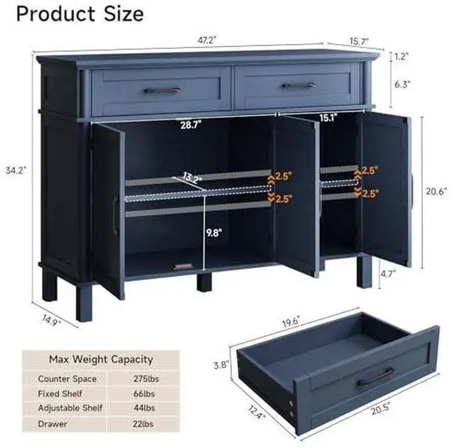Alt view image 2 of 6 - ONBRILL 48 Inch Buffet Cabinet with Storage, Farmhouse Sideboard Buffet w/2 Drawers and 3 Doors, Wood Coffee Bar Cabinet with Adjustable Shelves, Sideboard Storage for Kitchen, Living Room, Blue