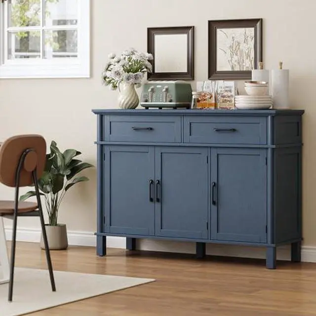 Alt view image 3 of 6 - ONBRILL 48 Inch Buffet Cabinet with Storage, Farmhouse Sideboard Buffet w/2 Drawers and 3 Doors, Wood Coffee Bar Cabinet with Adjustable Shelves, Sideboard Storage for Kitchen, Living Room, Blue