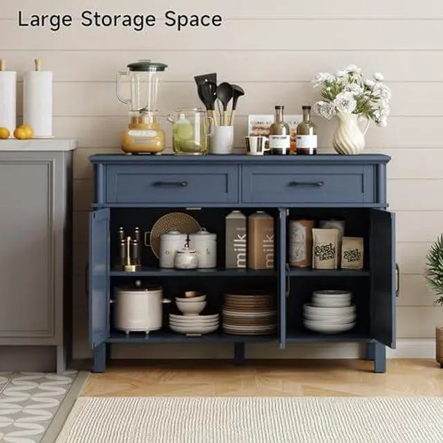 Alt view image 4 of 6 - ONBRILL 48 Inch Buffet Cabinet with Storage, Farmhouse Sideboard Buffet w/2 Drawers and 3 Doors, Wood Coffee Bar Cabinet with Adjustable Shelves, Sideboard Storage for Kitchen, Living Room, Blue