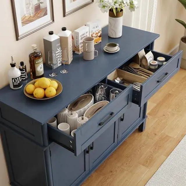 Alt view image 6 of 6 - ONBRILL 48 Inch Buffet Cabinet with Storage, Farmhouse Sideboard Buffet w/2 Drawers and 3 Doors, Wood Coffee Bar Cabinet with Adjustable Shelves, Sideboard Storage for Kitchen, Living Room, Blue