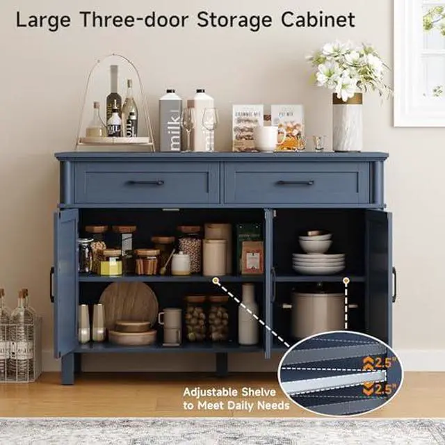 Alt view image 5 of 6 - ONBRILL 48 Inch Buffet Cabinet with Storage, Farmhouse Sideboard Buffet w/2 Drawers and 3 Doors, Wood Coffee Bar Cabinet with Adjustable Shelves, Sideboard Storage for Kitchen, Living Room, Blue