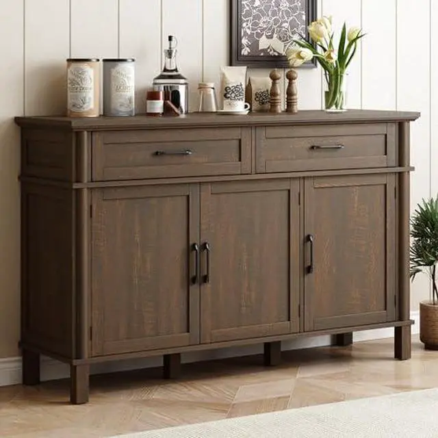 Main image of ONBRILL 55 Inch Buffet Cabinet with Storage, Farmhouse Sideboard Buffet w/2 Drawers and 3 Doors, Wood Coffee Bar Cabinet with Adjustable Shelves, Sideboard Storage for Kitchen, Living Room, Brown