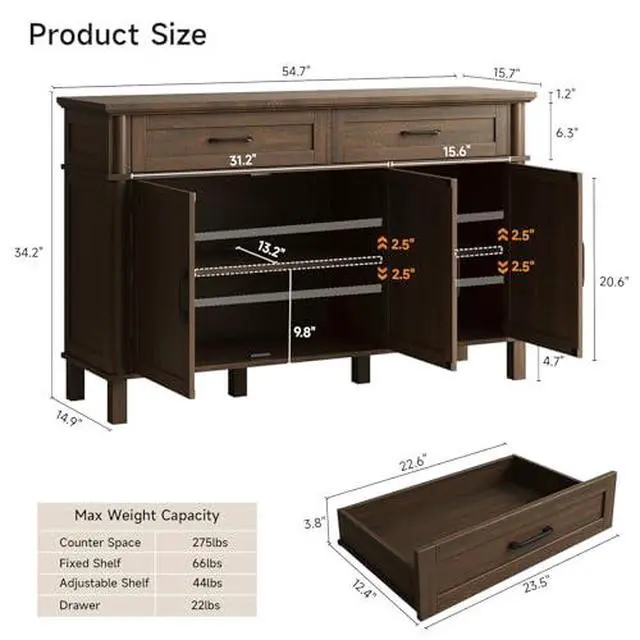 Alt view image 2 of 6 - ONBRILL 55 Inch Buffet Cabinet with Storage, Farmhouse Sideboard Buffet w/2 Drawers and 3 Doors, Wood Coffee Bar Cabinet with Adjustable Shelves, Sideboard Storage for Kitchen, Living Room, Brown