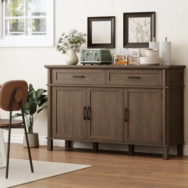 Alt view image 3 of 6 - ONBRILL 55 Inch Buffet Cabinet with Storage, Farmhouse Sideboard Buffet w/2 Drawers and 3 Doors, Wood Coffee Bar Cabinet with Adjustable Shelves, Sideboard Storage for Kitchen, Living Room, Brown