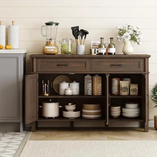 Alt view image 4 of 6 - ONBRILL 55 Inch Buffet Cabinet with Storage, Farmhouse Sideboard Buffet w/2 Drawers and 3 Doors, Wood Coffee Bar Cabinet with Adjustable Shelves, Sideboard Storage for Kitchen, Living Room, Brown
