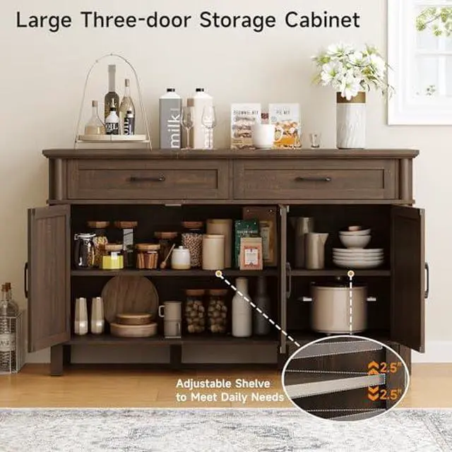 Alt view image 5 of 6 - ONBRILL 55 Inch Buffet Cabinet with Storage, Farmhouse Sideboard Buffet w/2 Drawers and 3 Doors, Wood Coffee Bar Cabinet with Adjustable Shelves, Sideboard Storage for Kitchen, Living Room, Brown