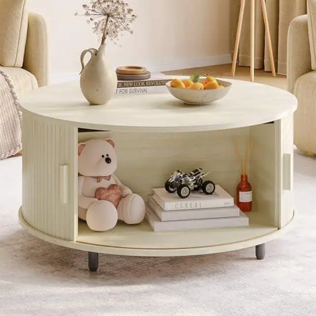 Main image of ONBRILL Round Coffee Table with Storage, 31.5" Modern Coffee Table with 360° Curved Sliding Door, Fluted Wood Coffee Table with Adjustable Footpads, Round Center Table for Living Room, Natural White