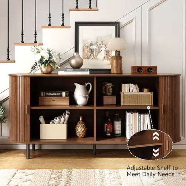 Alt view image 3 of 7 - ONBRILL 63" Sideboard Buffet Cabinet with Storage, Storage Cabinet with Sliding Door & Adjustable Shelf, Modern Accent Coffee Bar Console Table for Kitchen, Entryway, Walnut