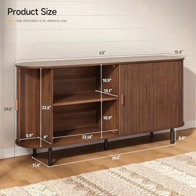 Alt view image 2 of 7 - ONBRILL 63" Sideboard Buffet Cabinet with Storage, Storage Cabinet with Sliding Door & Adjustable Shelf, Modern Accent Coffee Bar Console Table for Kitchen, Entryway, Walnut