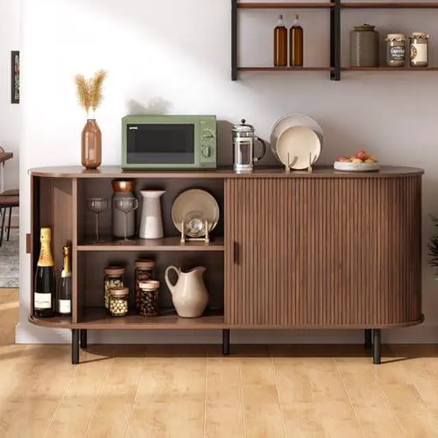 Alt view image 4 of 7 - ONBRILL 63" Sideboard Buffet Cabinet with Storage, Storage Cabinet with Sliding Door & Adjustable Shelf, Modern Accent Coffee Bar Console Table for Kitchen, Entryway, Walnut