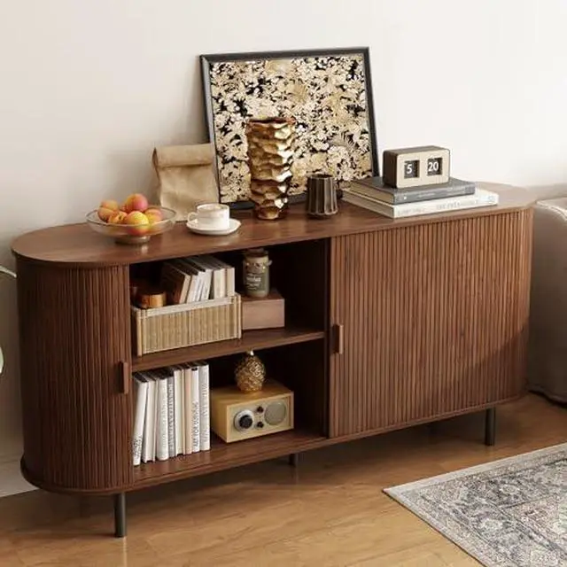 Alt view image 7 of 7 - ONBRILL 63" Sideboard Buffet Cabinet with Storage, Storage Cabinet with Sliding Door & Adjustable Shelf, Modern Accent Coffee Bar Console Table for Kitchen, Entryway, Walnut