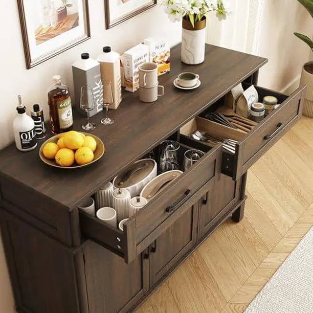 Alt view image 6 of 6 - ONBRILL 55 Inch Buffet Cabinet with Storage, Farmhouse Sideboard Buffet w/2 Drawers and 3 Doors, Wood Coffee Bar Cabinet with Adjustable Shelves, Sideboard Storage for Kitchen, Living Room, Brown