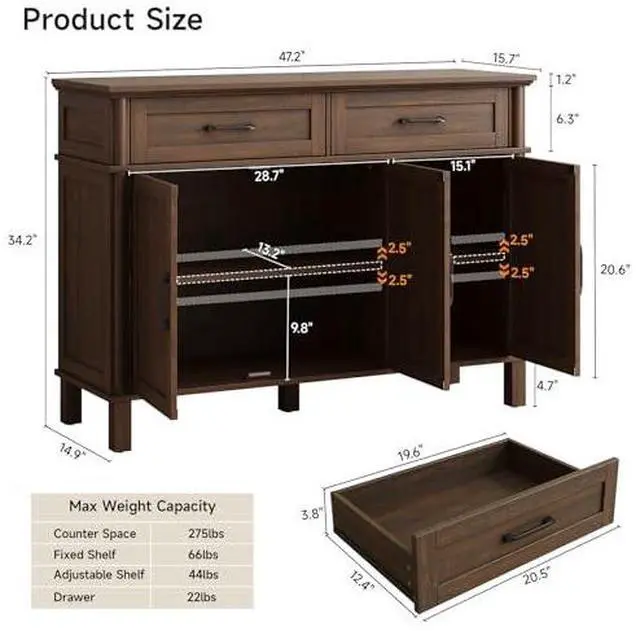 Alt view image 2 of 6 - ONBRILL 48 Inch Buffet Cabinet with Storage, Farmhouse Sideboard Buffet w/2 Drawers and 3 Doors, Wood Coffee Bar Cabinet with Adjustable Shelves, Sideboard Storage for Kitchen, Living Room, Brown