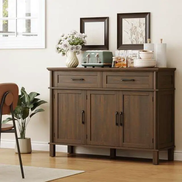 Alt view image 3 of 6 - ONBRILL 48 Inch Buffet Cabinet with Storage, Farmhouse Sideboard Buffet w/2 Drawers and 3 Doors, Wood Coffee Bar Cabinet with Adjustable Shelves, Sideboard Storage for Kitchen, Living Room, Brown