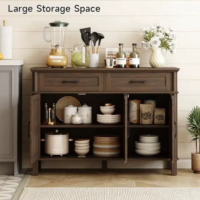 Alt view image 4 of 6 - ONBRILL 48 Inch Buffet Cabinet with Storage, Farmhouse Sideboard Buffet w/2 Drawers and 3 Doors, Wood Coffee Bar Cabinet with Adjustable Shelves, Sideboard Storage for Kitchen, Living Room, Brown