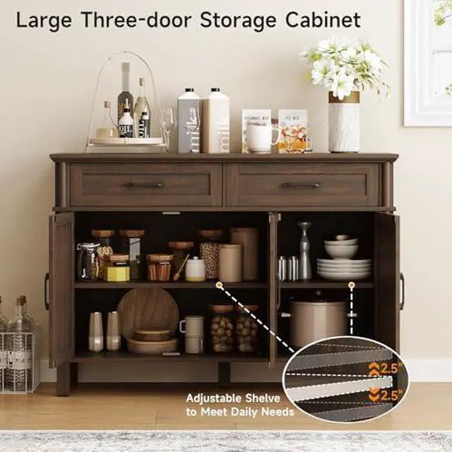 Alt view image 5 of 6 - ONBRILL 48 Inch Buffet Cabinet with Storage, Farmhouse Sideboard Buffet w/2 Drawers and 3 Doors, Wood Coffee Bar Cabinet with Adjustable Shelves, Sideboard Storage for Kitchen, Living Room, Brown