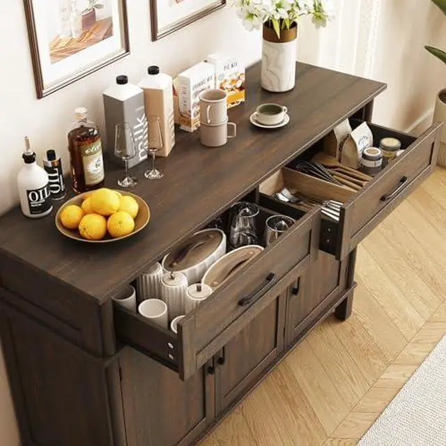 Alt view image 6 of 6 - ONBRILL 48 Inch Buffet Cabinet with Storage, Farmhouse Sideboard Buffet w/2 Drawers and 3 Doors, Wood Coffee Bar Cabinet with Adjustable Shelves, Sideboard Storage for Kitchen, Living Room, Brown