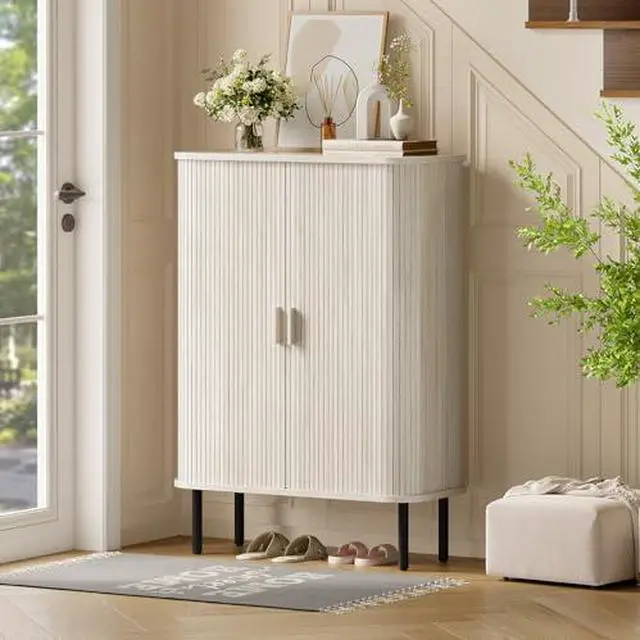 Alt view image 4 of 7 - ONBRILL 6-Tier Shoe Cabinet with Sliding Door, Wooden Shoe Storage Cabinet with Adjustable Shelves, Mid-Century Modern Freestanding Shoe Storage Organizer for Entryway, Living Room, Hallway