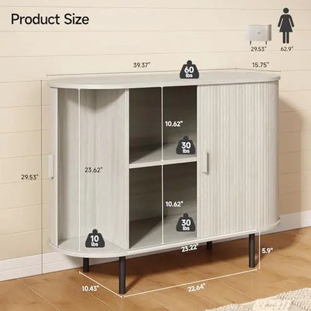 Alt view image 2 of 7 - ONBRILL 40" Sideboard Buffet Cabinet with Storage, Storage Cabinet with Sliding Door & Adjustable Shelf, Modern Accent Coffee Bar Console Table for Kitchen, Entryway, Natural White