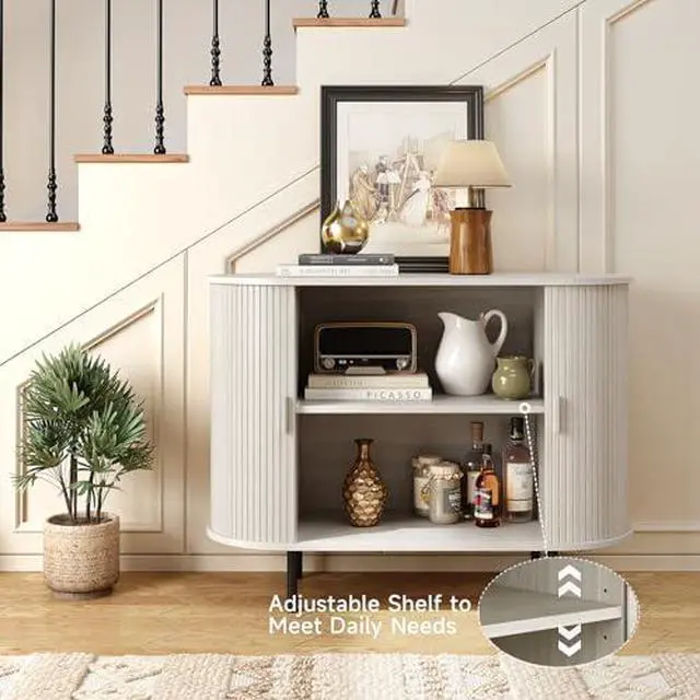 Alt view image 4 of 7 - ONBRILL 40" Sideboard Buffet Cabinet with Storage, Storage Cabinet with Sliding Door & Adjustable Shelf, Modern Accent Coffee Bar Console Table for Kitchen, Entryway, Natural White