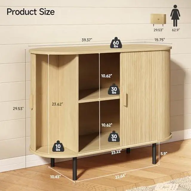 Alt view image 2 of 7 - ONBRILL 40" Sideboard Buffet Cabinet with Storage, Storage Cabinet with Sliding Door & Adjustable Shelf, Modern Accent Coffee Bar Console Table for Kitchen, Entryway, Oak