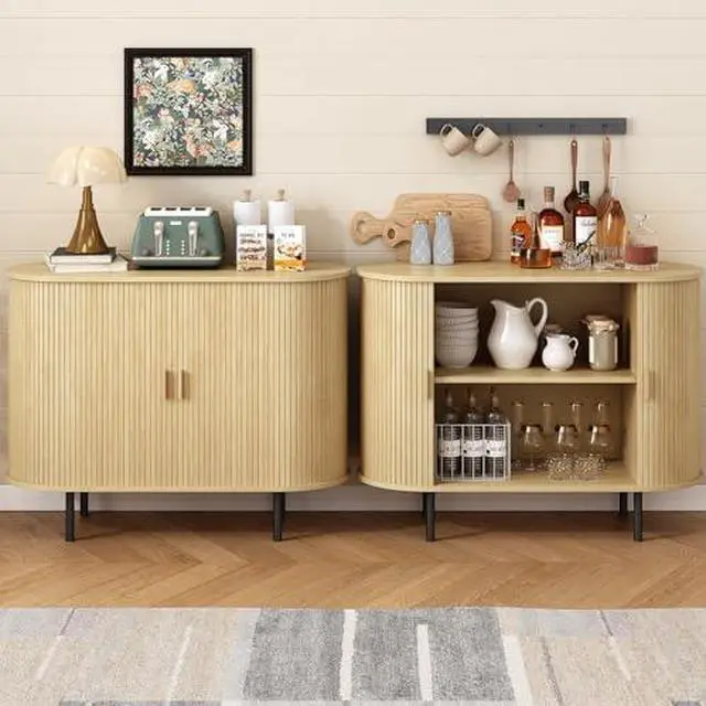 Alt view image 3 of 7 - ONBRILL 40" Sideboard Buffet Cabinet with Storage, Storage Cabinet with Sliding Door & Adjustable Shelf, Modern Accent Coffee Bar Console Table for Kitchen, Entryway, Oak