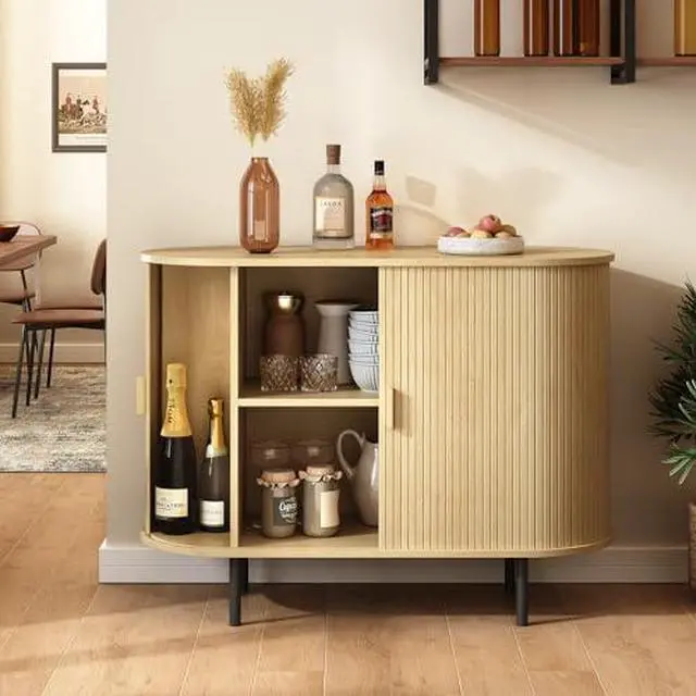 Alt view image 5 of 7 - ONBRILL 40" Sideboard Buffet Cabinet with Storage, Storage Cabinet with Sliding Door & Adjustable Shelf, Modern Accent Coffee Bar Console Table for Kitchen, Entryway, Oak