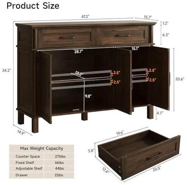 Alt view image 2 of 6 - ONBRILL 48 Inch Buffet Cabinet with Storage, Farmhouse Sideboard Buffet w/2 Drawers and 3 Doors, Wood Coffee Bar Cabinet with Adjustable Shelves, Sideboard Storage for Kitchen, Living Room, Walnut