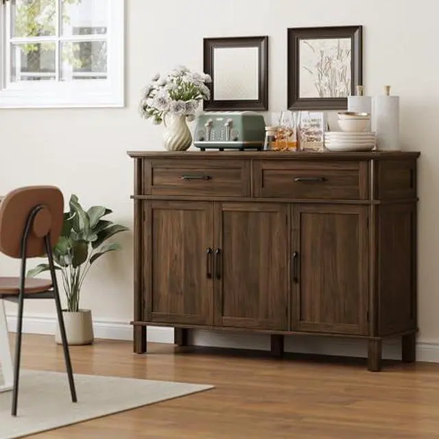 Alt view image 3 of 6 - ONBRILL 48 Inch Buffet Cabinet with Storage, Farmhouse Sideboard Buffet w/2 Drawers and 3 Doors, Wood Coffee Bar Cabinet with Adjustable Shelves, Sideboard Storage for Kitchen, Living Room, Walnut