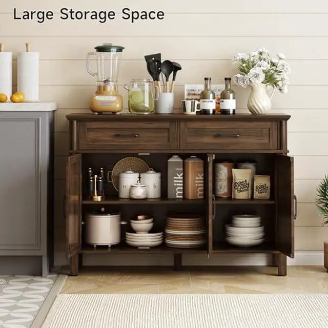 Alt view image 4 of 6 - ONBRILL 48 Inch Buffet Cabinet with Storage, Farmhouse Sideboard Buffet w/2 Drawers and 3 Doors, Wood Coffee Bar Cabinet with Adjustable Shelves, Sideboard Storage for Kitchen, Living Room, Walnut