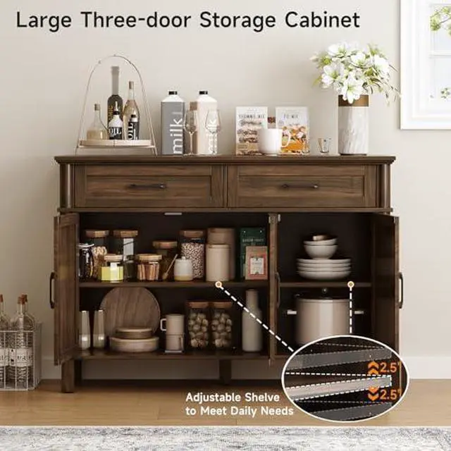 Alt view image 5 of 6 - ONBRILL 48 Inch Buffet Cabinet with Storage, Farmhouse Sideboard Buffet w/2 Drawers and 3 Doors, Wood Coffee Bar Cabinet with Adjustable Shelves, Sideboard Storage for Kitchen, Living Room, Walnut