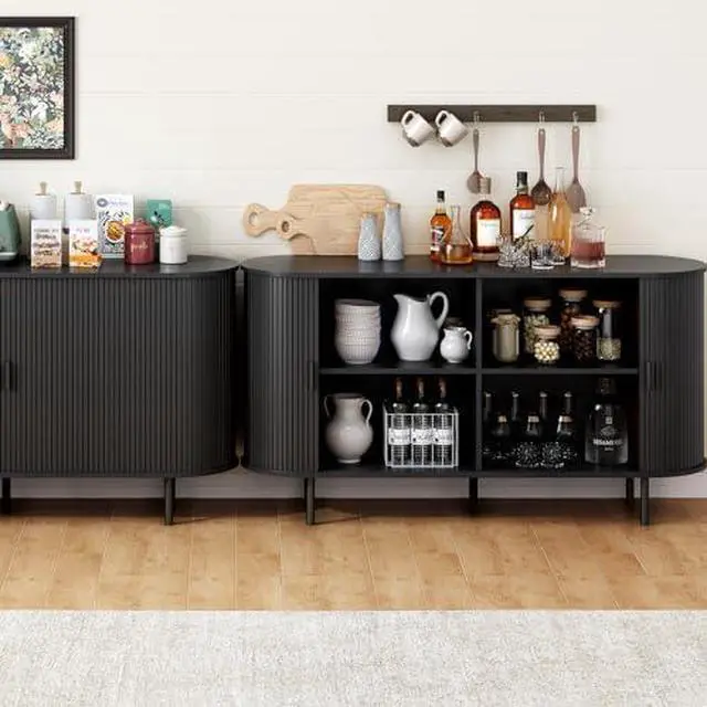 Alt view image 3 of 7 - ONBRILL 55" Sideboard Buffet Cabinet with Storage, Storage Cabinet with Sliding Door & Adjustable Shelf, Modern Accent Coffee Bar Cabinet Console Table for Kitchen, Entryway, Black