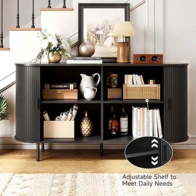 Alt view image 4 of 7 - ONBRILL 55" Sideboard Buffet Cabinet with Storage, Storage Cabinet with Sliding Door & Adjustable Shelf, Modern Accent Coffee Bar Cabinet Console Table for Kitchen, Entryway, Black