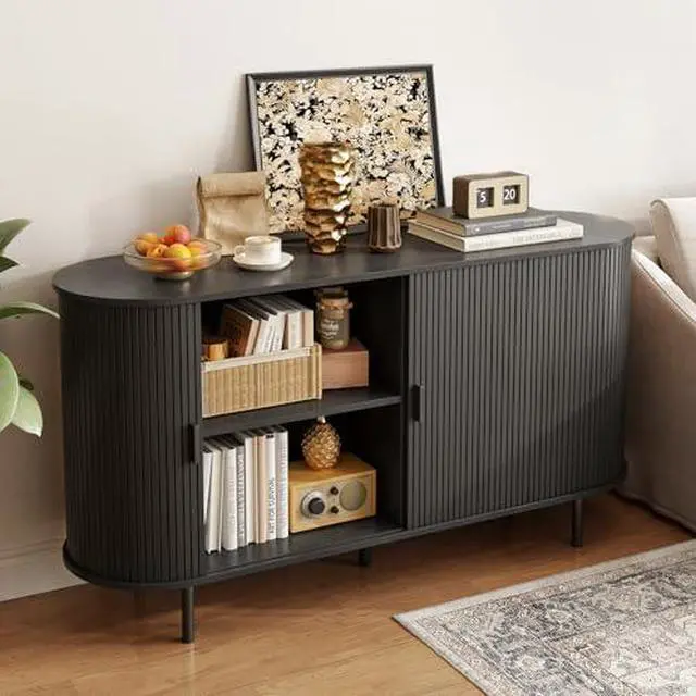 Alt view image 6 of 7 - ONBRILL 55" Sideboard Buffet Cabinet with Storage, Storage Cabinet with Sliding Door & Adjustable Shelf, Modern Accent Coffee Bar Cabinet Console Table for Kitchen, Entryway, Black