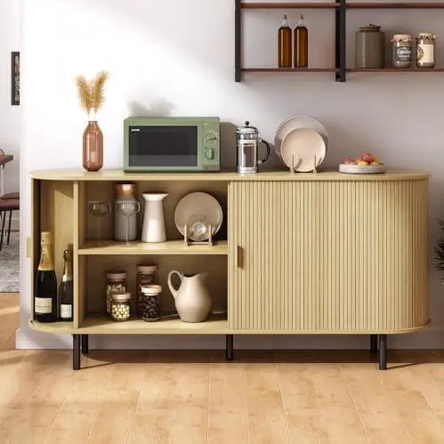 Alt view image 4 of 7 - ONBRILL 63" Sideboard Buffet Cabinet with Storage, Storage Cabinet with Sliding Door & Adjustable Shelf, Modern Accent Coffee Bar Console Table for Kitchen, Entryway, Oak