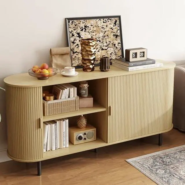 Alt view image 7 of 7 - ONBRILL 63" Sideboard Buffet Cabinet with Storage, Storage Cabinet with Sliding Door & Adjustable Shelf, Modern Accent Coffee Bar Console Table for Kitchen, Entryway, Oak
