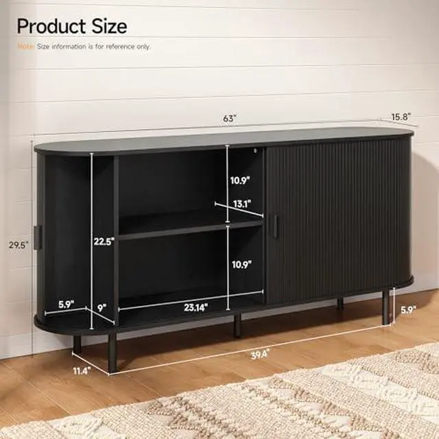 Alt view image 2 of 7 - ONBRILL 63" Sideboard Buffet Cabinet with Storage, Storage Cabinet with Sliding Door & Adjustable Shelf, Modern Accent Coffee Bar Console Table for Kitchen, Entryway, Black