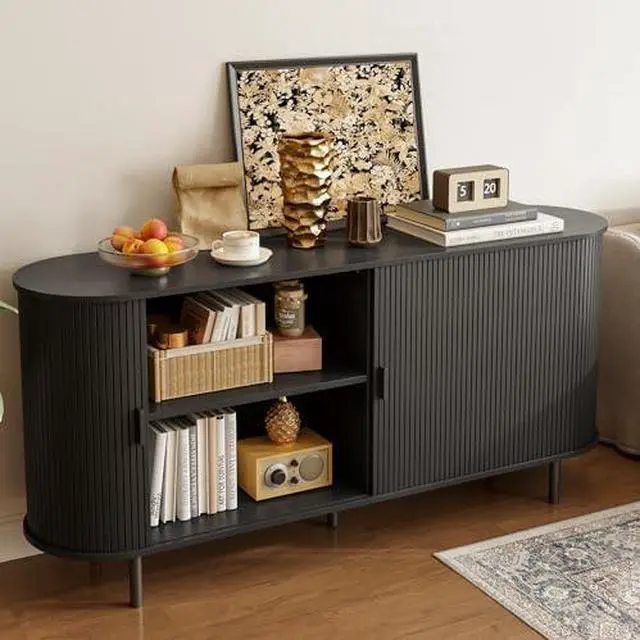 Alt view image 7 of 7 - ONBRILL 63" Sideboard Buffet Cabinet with Storage, Storage Cabinet with Sliding Door & Adjustable Shelf, Modern Accent Coffee Bar Console Table for Kitchen, Entryway, Black